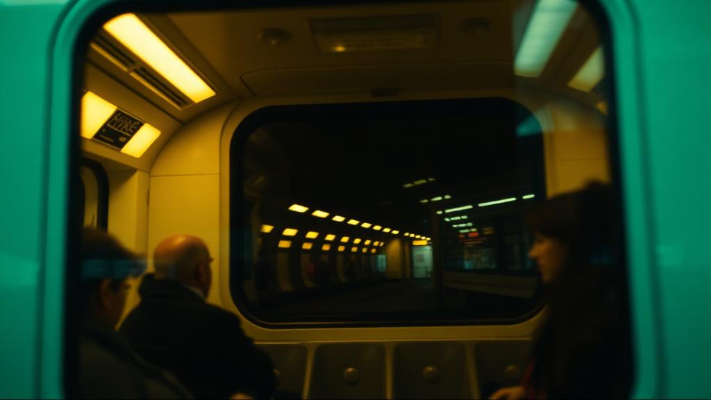 Interior de um vagão do metrô de Londres em movimento